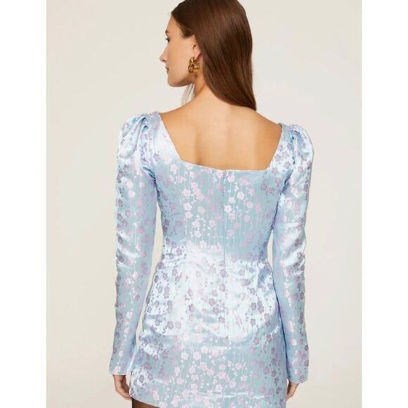 RTR Satin sz 14 xl blue silk Sau lee dress purple flowers long sleeve mini silky - Picture 2 of 7